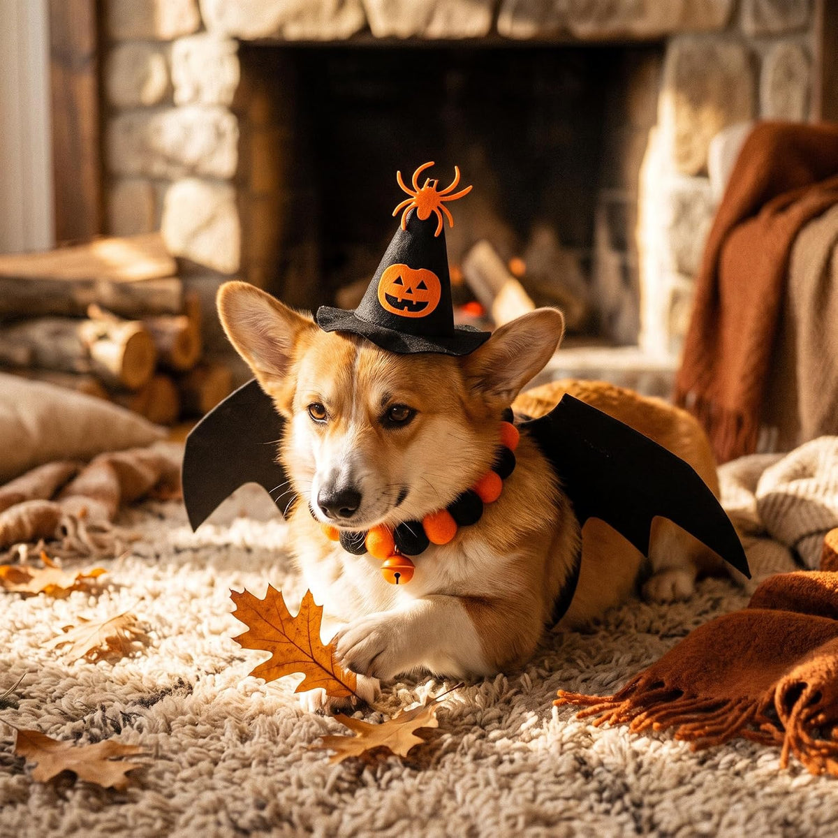 Paw & Co Witch Hat, Bat Wings & Bell Collar Set