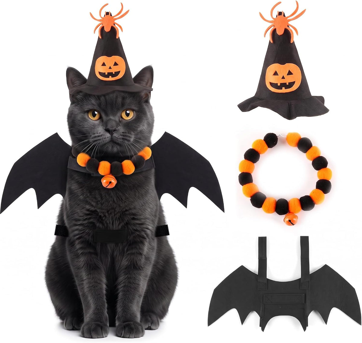 Paw & Co Witch Hat, Bat Wings & Bell Collar Set