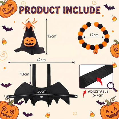 Paw & Co Witch Hat, Bat Wings & Bell Collar Set