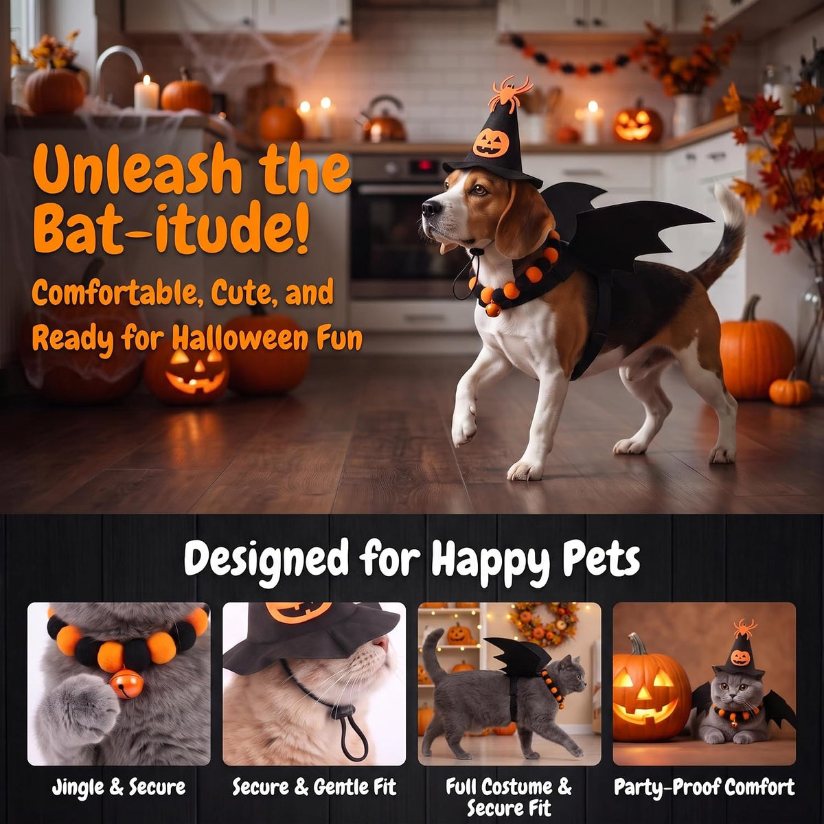 Paw & Co Witch Hat, Bat Wings & Bell Collar Set