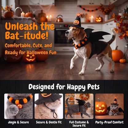Paw & Co Witch Hat, Bat Wings & Bell Collar Set