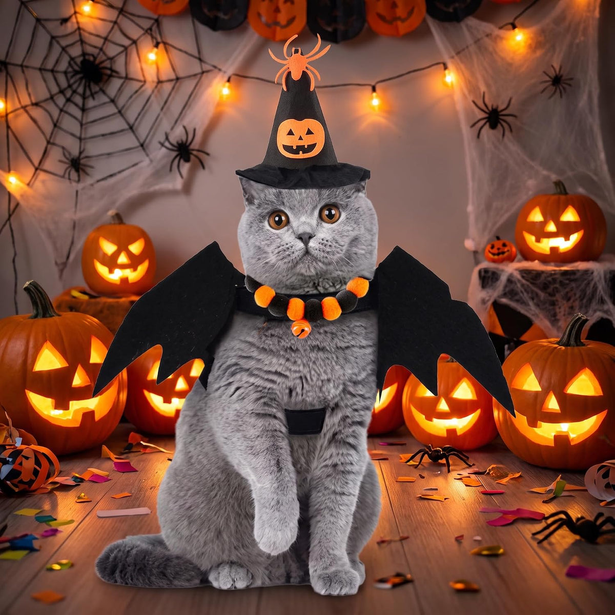 Paw & Co Witch Hat, Bat Wings & Bell Collar Set
